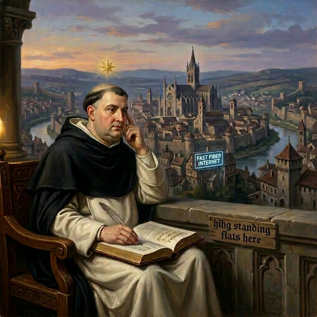Medieval monk in black and white robes holding an open book overlooking a walled city with a river and large cathedral
